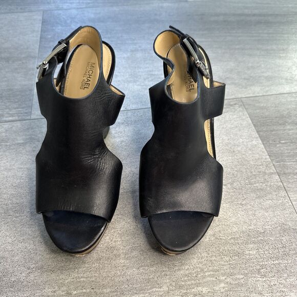Michael Kors Womens Josephine Black Leather Wedge Platform Heels Size 7M - Picture 2 of 6